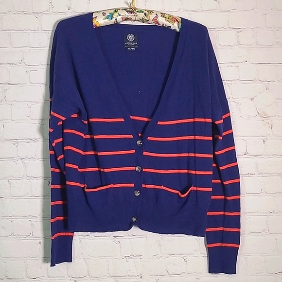 American Eagle Outfitters Navy Blue Orange Stripe Wool Rabbit Hair Blend Sweater - Picture 1 of 15